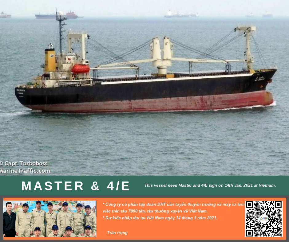 Tuyển gấp thuyền trưởng và máy 4 nhập tàu 7000 tấ
